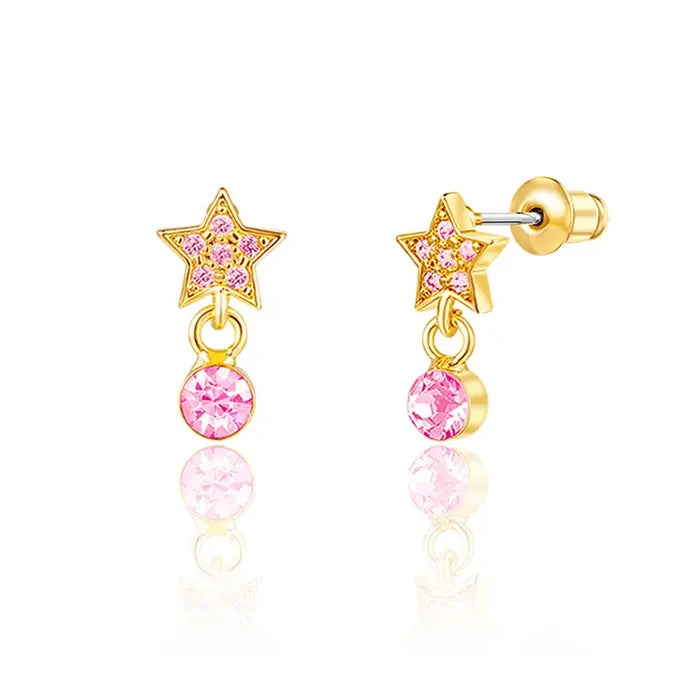 Girl Nation: Little Luxe Drop Hypoallergenic Earrings - Star with Pink Gem