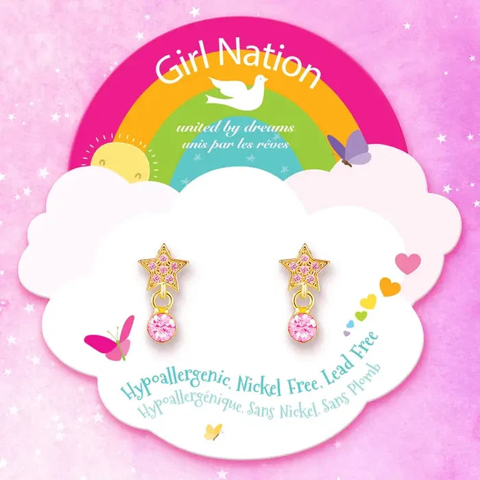 Girl Nation: Little Luxe Drop Hypoallergenic Earrings - Star with Pink Gem