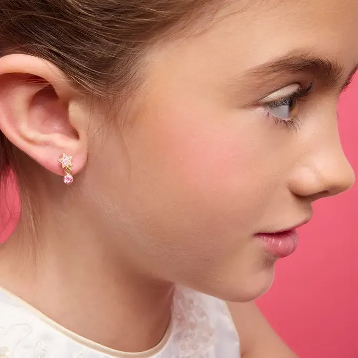 Girl Nation: Little Luxe Drop Hypoallergenic Earrings - Star with Pink Gem